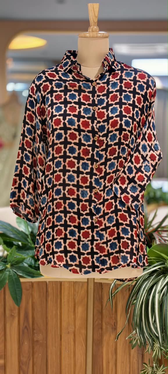 Modal Satin Multi Printed Ajrakh Flowy Regular Shirts 16653