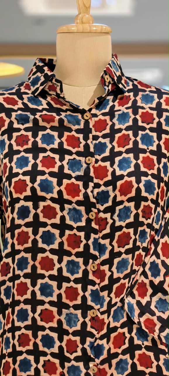 Modal Satin Multi Printed Ajrakh Flowy Regular Shirts 16653