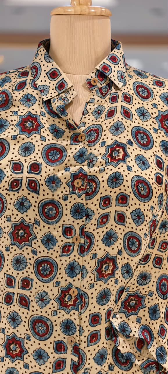 Modal Satin Multi Printed Ajrakh Flowy Regular Shirts 16653