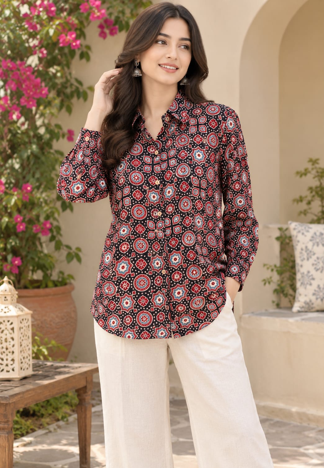 Modal Satin Multi Printed Ajrakh Flowy Regular Shirts 16653