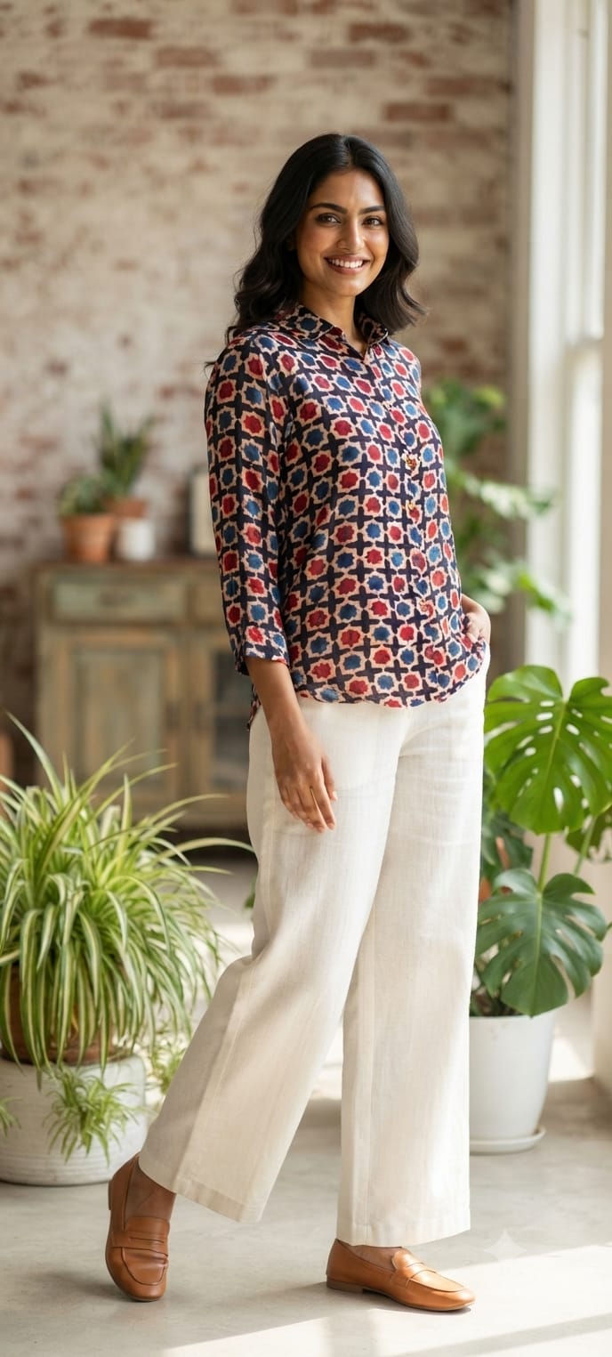 Modal Satin Multi Printed Ajrakh Flowy Regular Shirts 16653