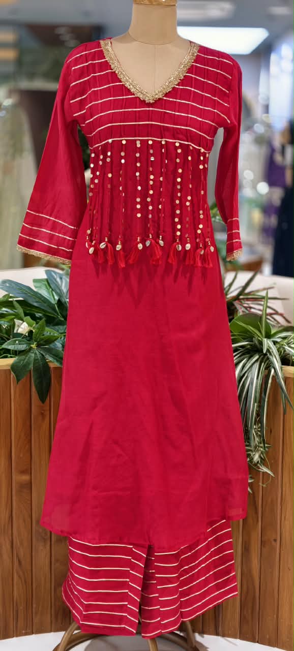 Pure Mulchanderi A-line Full Suit Set with Gota Patti Stripes & Tassel Detailing Front Design- 16660