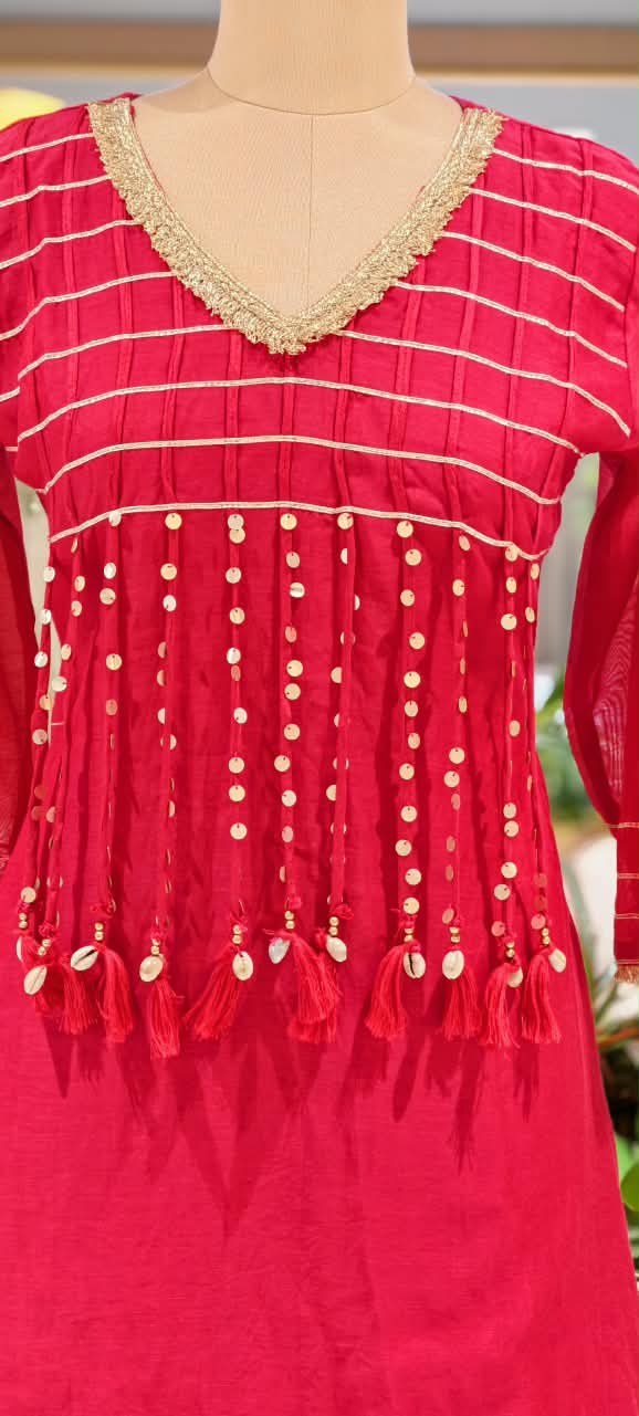 Pure Mulchanderi A-line Full Suit Set with Gota Patti Stripes & Tassel Detailing Front Design- 16660
