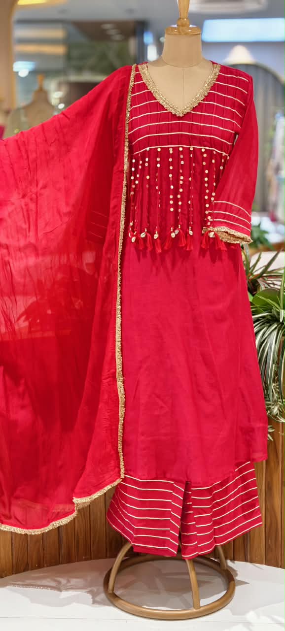 Pure Mulchanderi A-line Full Suit Set with Gota Patti Stripes & Tassel Detailing Front Design- 16660