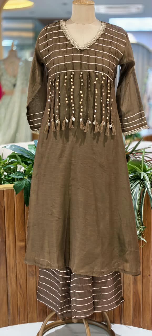 Pure Mulchanderi A-line Full Suit Set with Gota Patti Stripes & Tassel Detailing Front Design- 16660