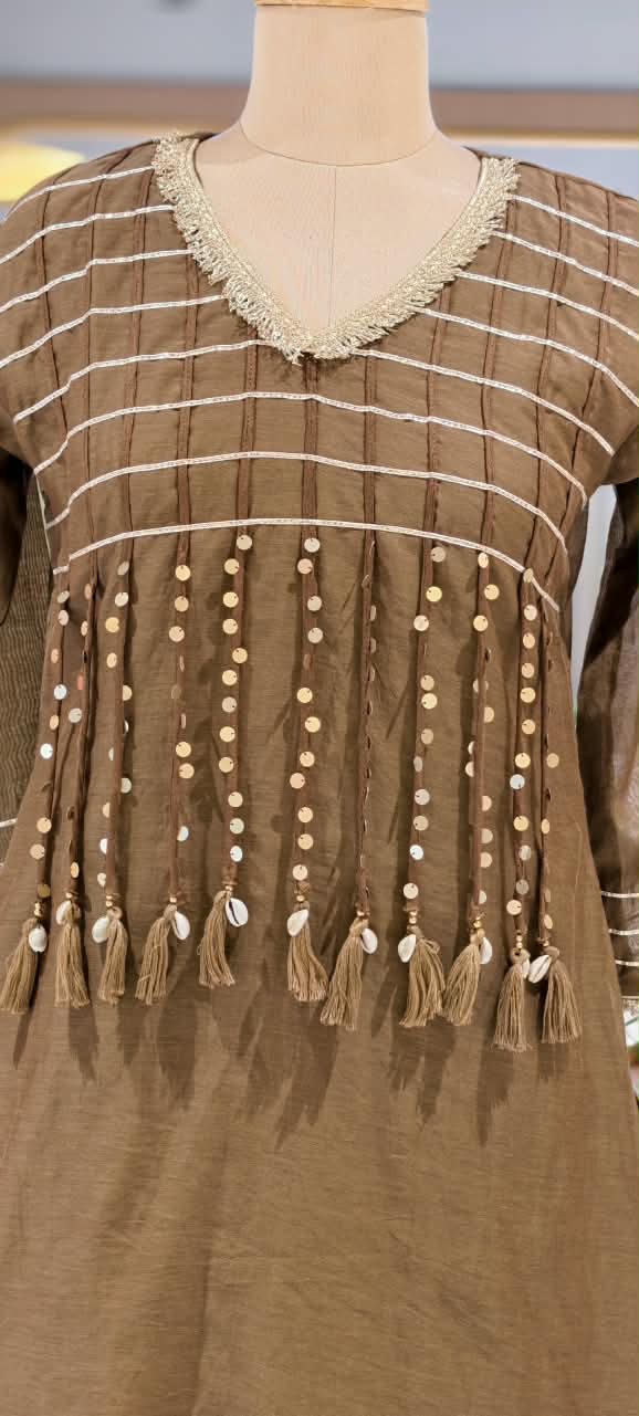 Pure Mulchanderi A-line Full Suit Set with Gota Patti Stripes & Tassel Detailing Front Design- 16660