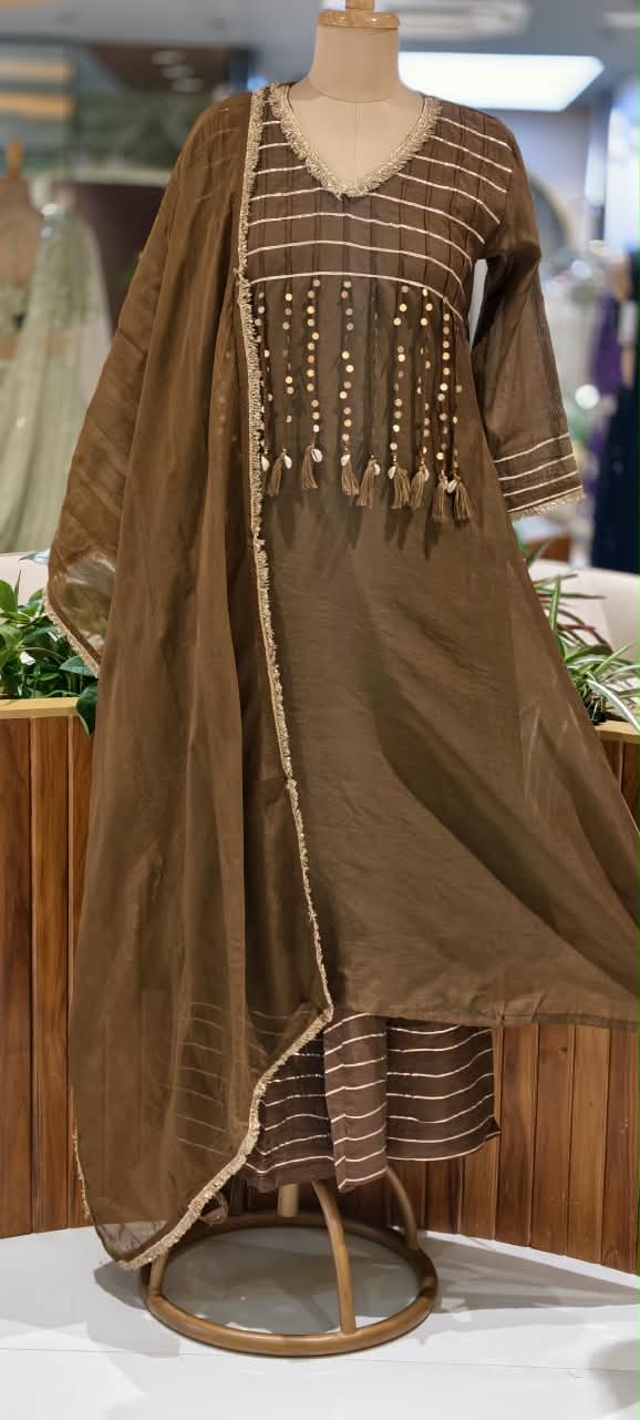 Pure Mulchanderi A-line Full Suit Set with Gota Patti Stripes & Tassel Detailing Front Design- 16660