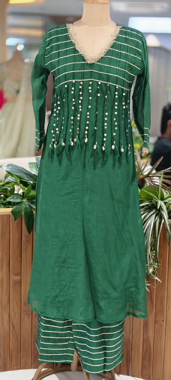 Pure Mulchanderi A-line Full Suit Set with Gota Patti Stripes & Tassel Detailing Front Design- 16660