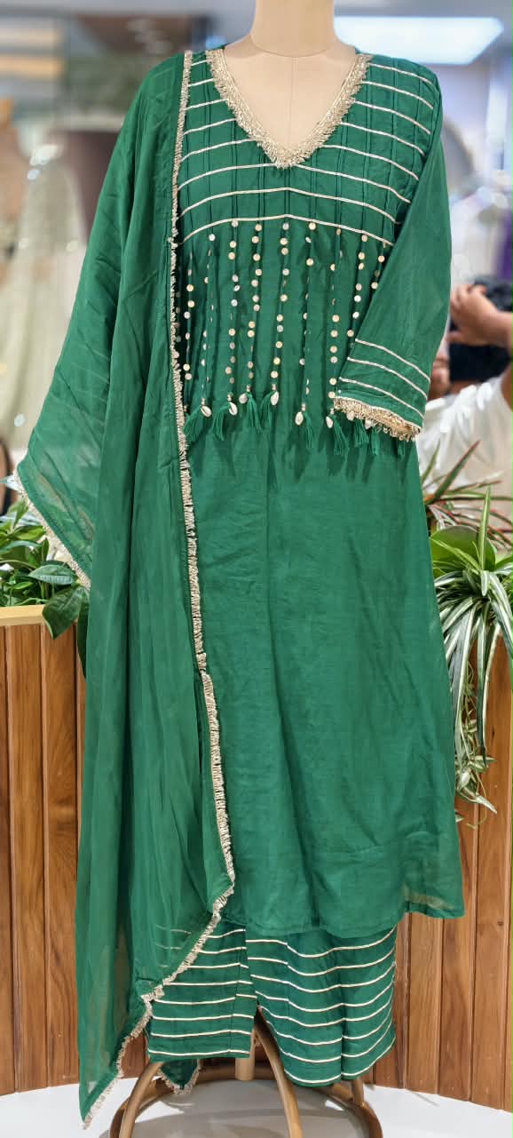 Pure Mulchanderi A-line Full Suit Set with Gota Patti Stripes & Tassel Detailing Front Design- 16660