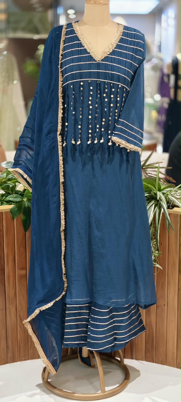 Pure Mulchanderi A-line Full Suit Set with Gota Patti Stripes & Tassel Detailing Front Design- 16660