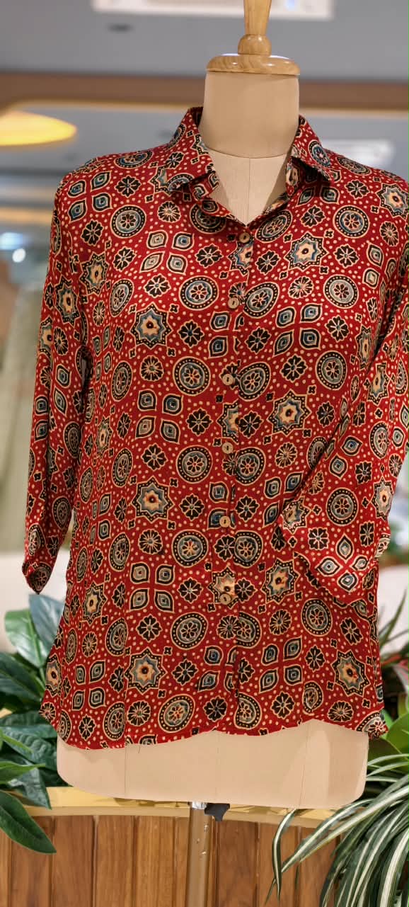 Modal Satin Multi Printed Ajrakh Flowy Regular Shirts 16653