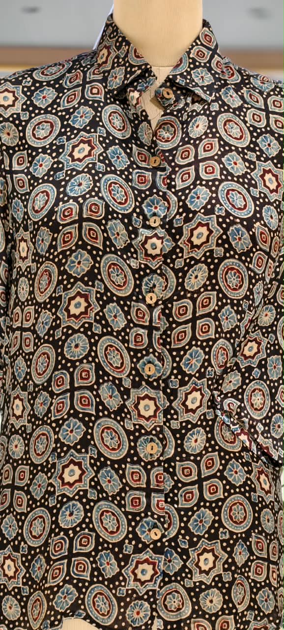 Modal Satin Multi Printed Ajrakh Flowy Regular Shirts 16653