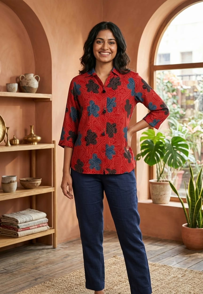 Modal Satin Silk Mango With Floral Butti Printed Shirt- 16605