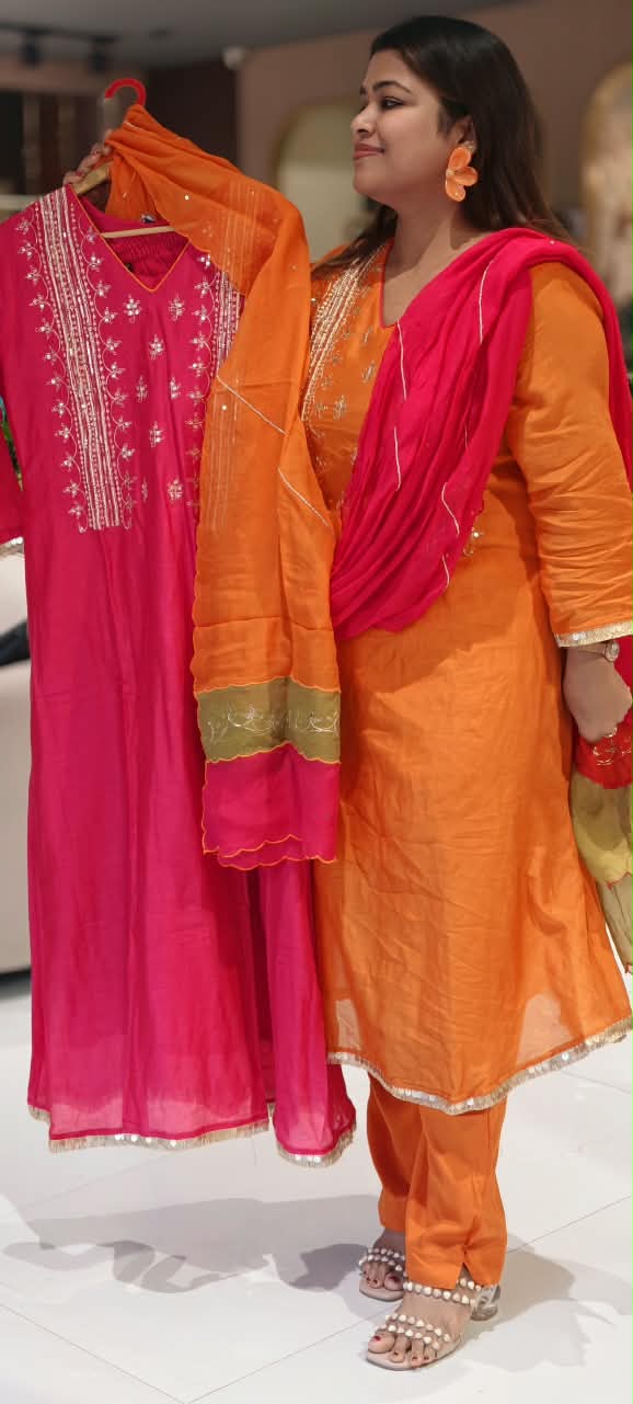 Delicate Sequin Embroidery Touch Vibrant Multi Color A-Line Mul-Chanderi Full Suit Set With Dupatta- 16639