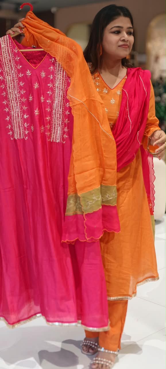 Delicate Sequin Embroidery Touch Vibrant Multi Color A-Line Mul-Chanderi Full Suit Set With Dupatta- 16639