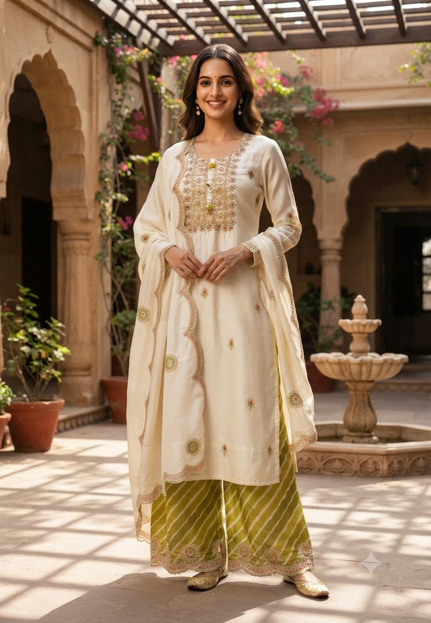 Russian Silk Vibrant Lehriya Bottom Embroidered Full Suit Set with Organza Dupatta- 16661