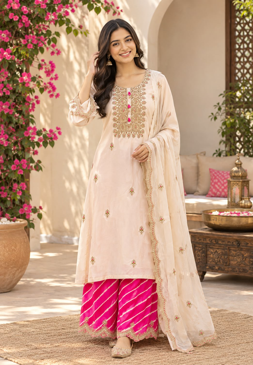 Russian Silk Vibrant Lehriya Bottom Embroidered Full Suit Set with Organza Dupatta- 16661