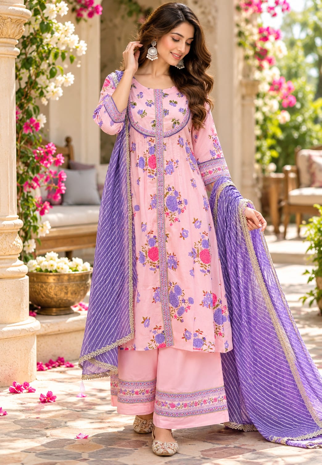 Beautiful Patterened Embroidered Pastel Pink Floral Print A-Line Cotton Full Suit Set with Kota Doria Dupatta-16672