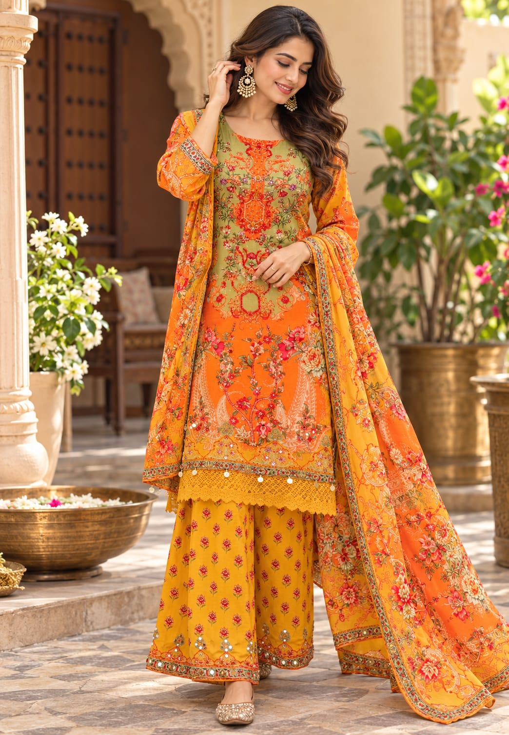 Digital Floral Print Embroidered Crepe Full Suit Set With Printed Loose Palazzo Bottom with Crosia Lace Detailing -16535