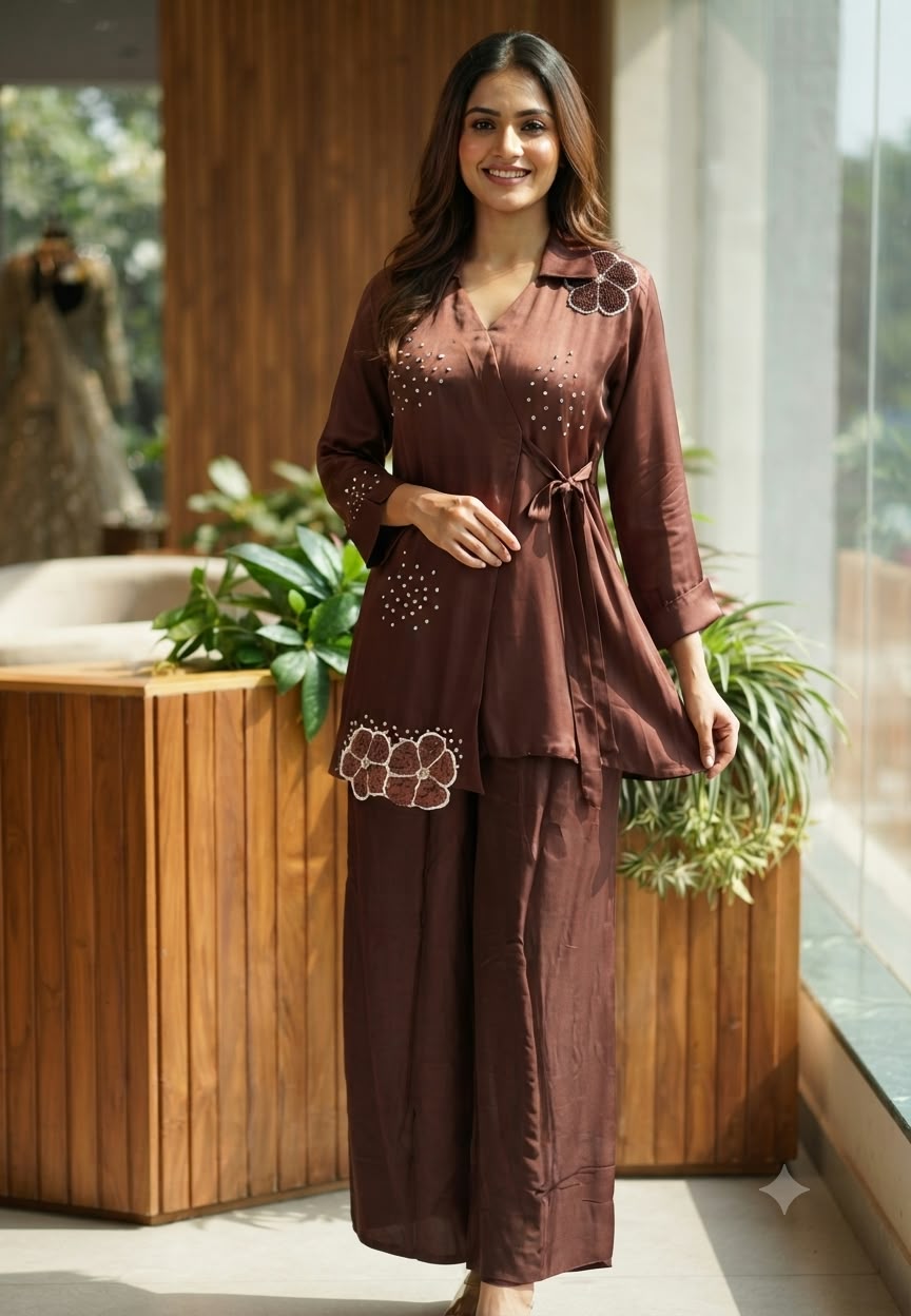 Modal Satin Ombre Shade Stylish Side Knot Collar Style Sequin Scattered Co-Ord Set- 16636