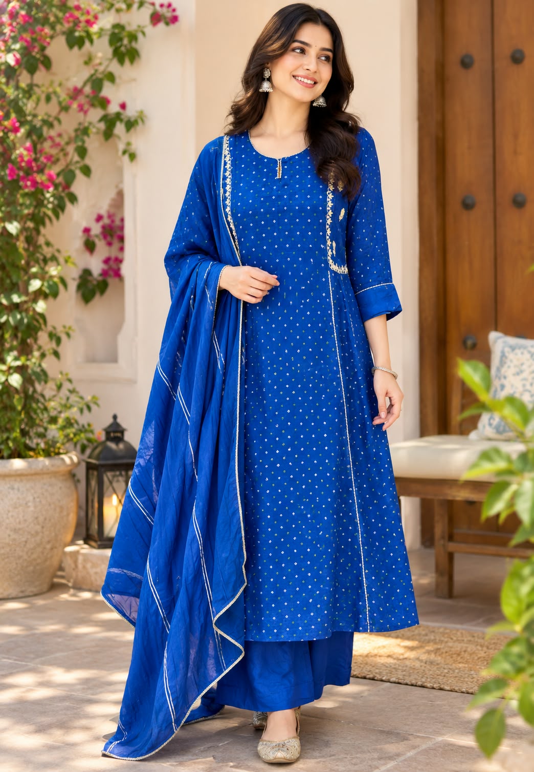 Electric Blue Russian Silk Bandhej Print With Elegant Minimal Motifs A-Line Full Suit Set With Dupatta- 16670