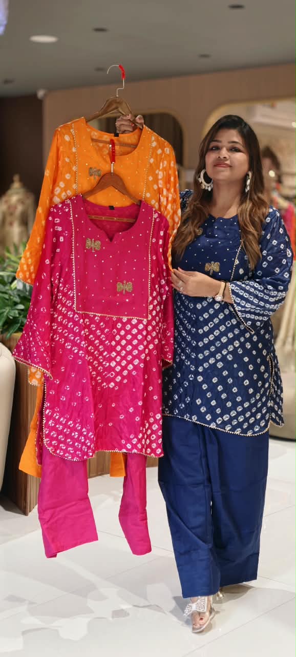 Festive Elegance Bandhej Print Cut-Dana Highlights Vibrant Muslin Kurta With Farsi Bottom Set- 16679