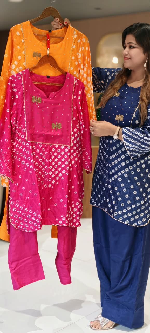 Festive Elegance Bandhej Print Cut-Dana Highlights Vibrant Muslin Kurta With Farsi Bottom Set- 16679