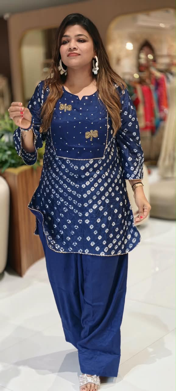Festive Elegance Bandhej Print Cut-Dana Highlights Vibrant Muslin Kurta With Farsi Bottom Set- 16679