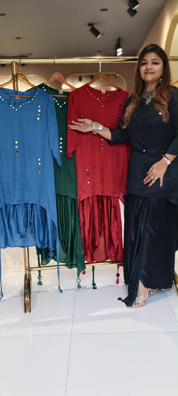 Real Mirror Solid Shade Gajji Silk Indo-Western High-Low Kurta with Dhoti Style Skirt- 16663
