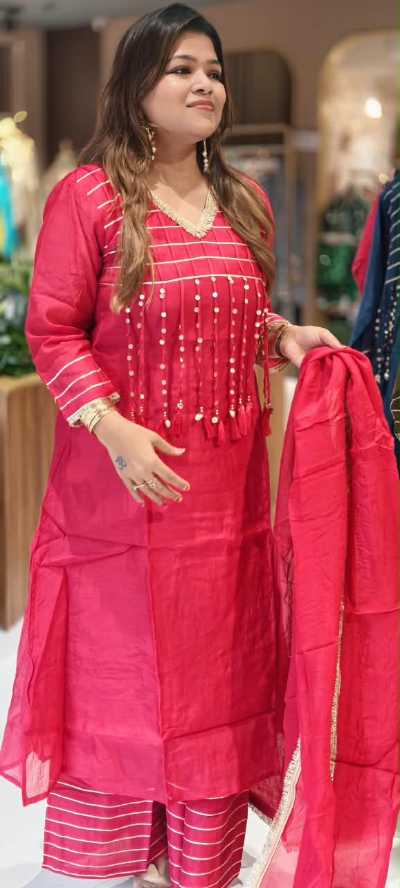 Pure Mulchanderi A-line Full Suit Set with Gota Patti Stripes & Tassel Detailing Front Design- 16660