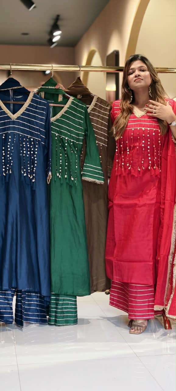 Pure Mulchanderi A-line Full Suit Set with Gota Patti Stripes & Tassel Detailing Front Design- 16660