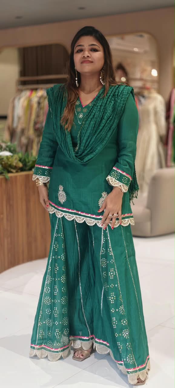 Pure Mul Chanderi Cut-Work Zardosi Embroidered Short Kurta with Flared Kali Panel Palazzo & Dupatta-16590