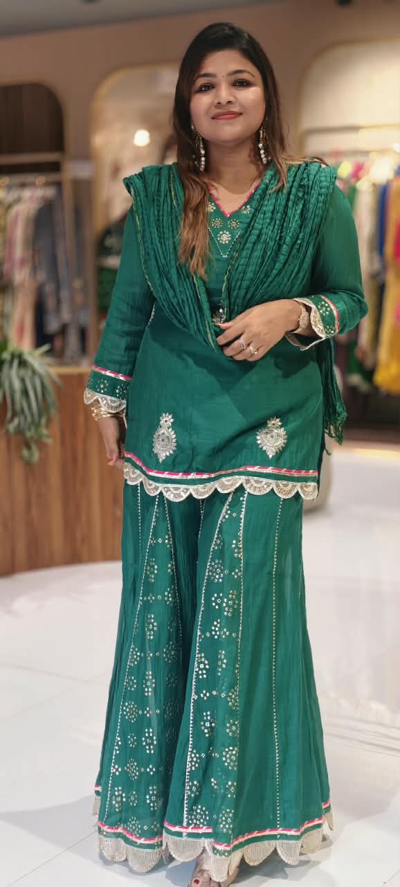 Pure Mul Chanderi Cut-Work Zardosi Embroidered Short Kurta with Flared Kali Panel Palazzo & Dupatta-16590