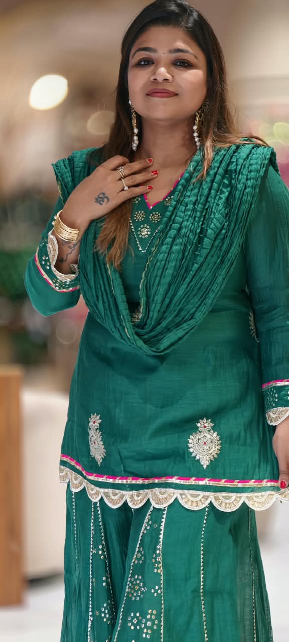 Pure Mul Chanderi Cut-Work Zardosi Embroidered Short Kurta with Flared Kali Panel Palazzo & Dupatta-16590