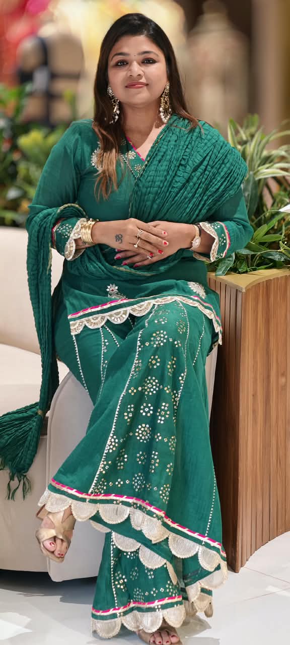 Pure Mul Chanderi Cut-Work Zardosi Embroidered Short Kurta with Flared Kali Panel Palazzo & Dupatta-16590