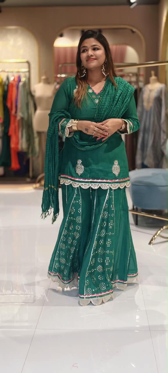 Pure Mul Chanderi Cut-Work Zardosi Embroidered Short Kurta with Flared Kali Panel Palazzo & Dupatta-16590