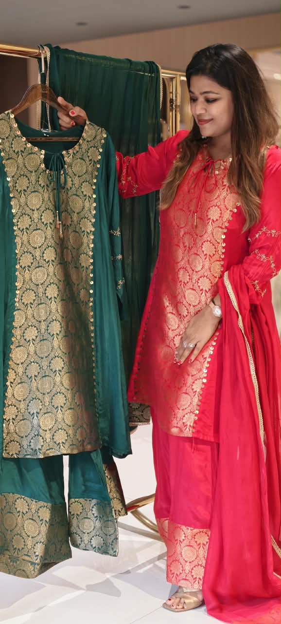 Designer Crepe Fabric Full Suit Set with Gold Brocade Yoke Panel and Traditional Palazzo Bottom Weaves- 16662