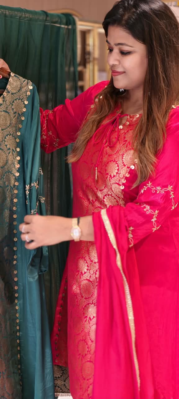 Designer Crepe Fabric Full Suit Set with Gold Brocade Yoke Panel and Traditional Palazzo Bottom Weaves- 16662