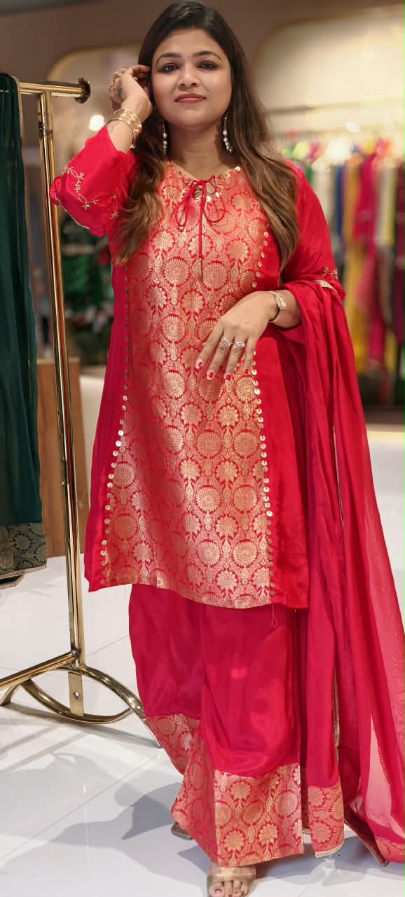 Designer Crepe Fabric Full Suit Set with Gold Brocade Yoke Panel and Traditional Palazzo Bottom Weaves- 16662