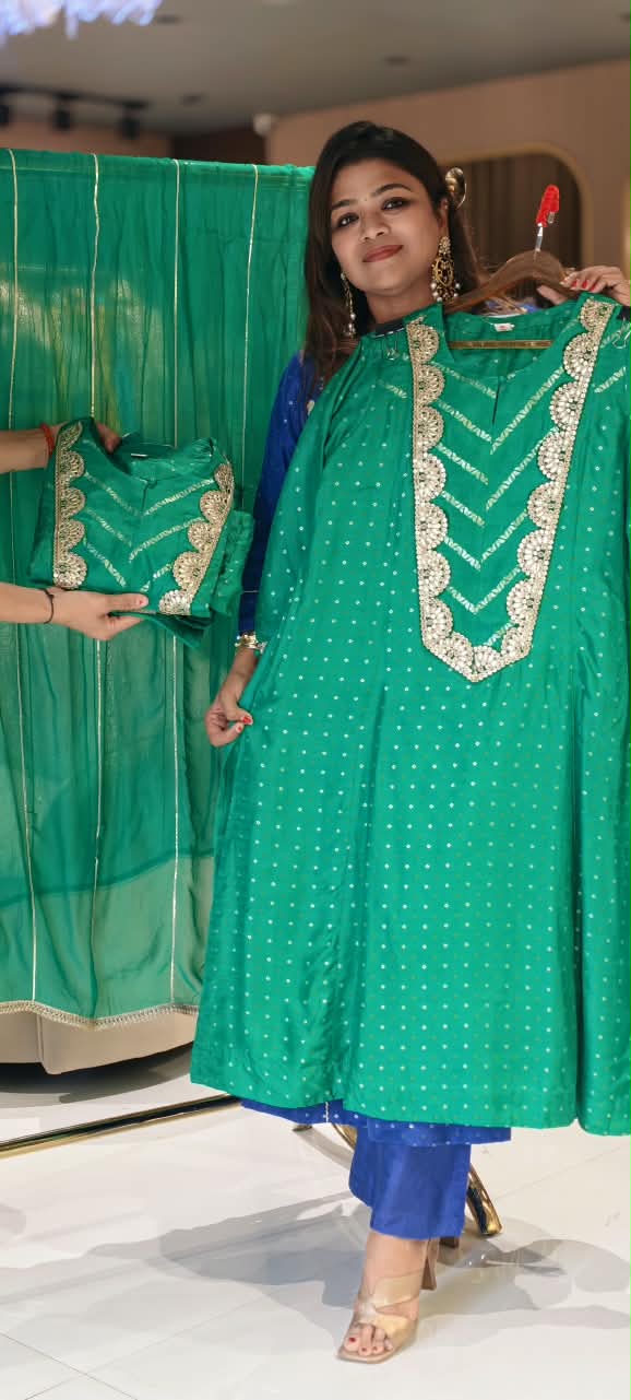 Russian Silk Vibrant Emerald Green Gota Patti Yoke With Bandhani Print Full Suit Set with Dupatta- 16671