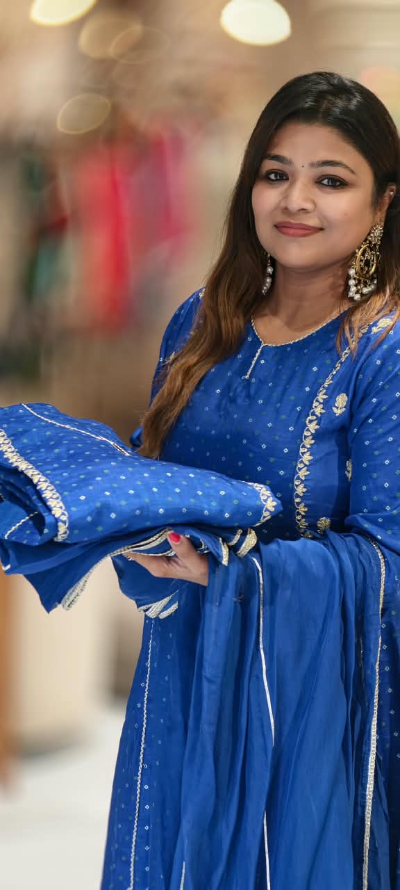Electric Blue Russian Silk Bandhej Print With Elegant Minimal Motifs A-Line Full Suit Set With Dupatta- 16670