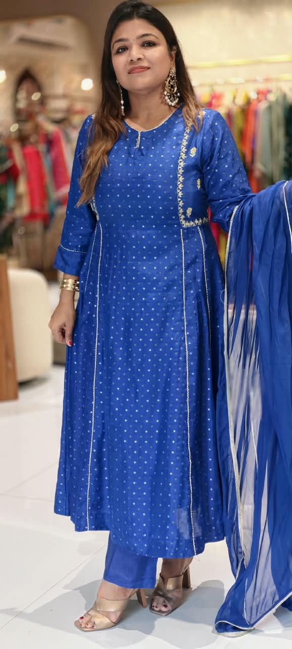 Electric Blue Russian Silk Bandhej Print With Elegant Minimal Motifs A-Line Full Suit Set With Dupatta- 16670