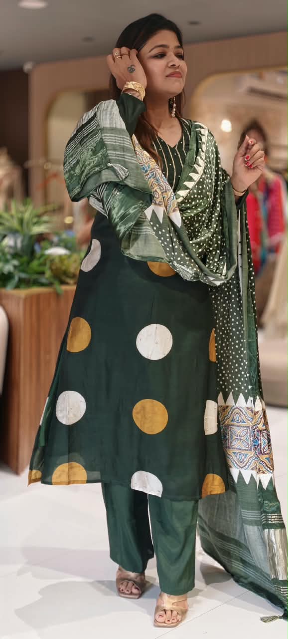 Dark Green Russian Silk Full Suit Set With Polka Dot Kurta, Plain Bottom & Gajji Silk Dupatta- 16598