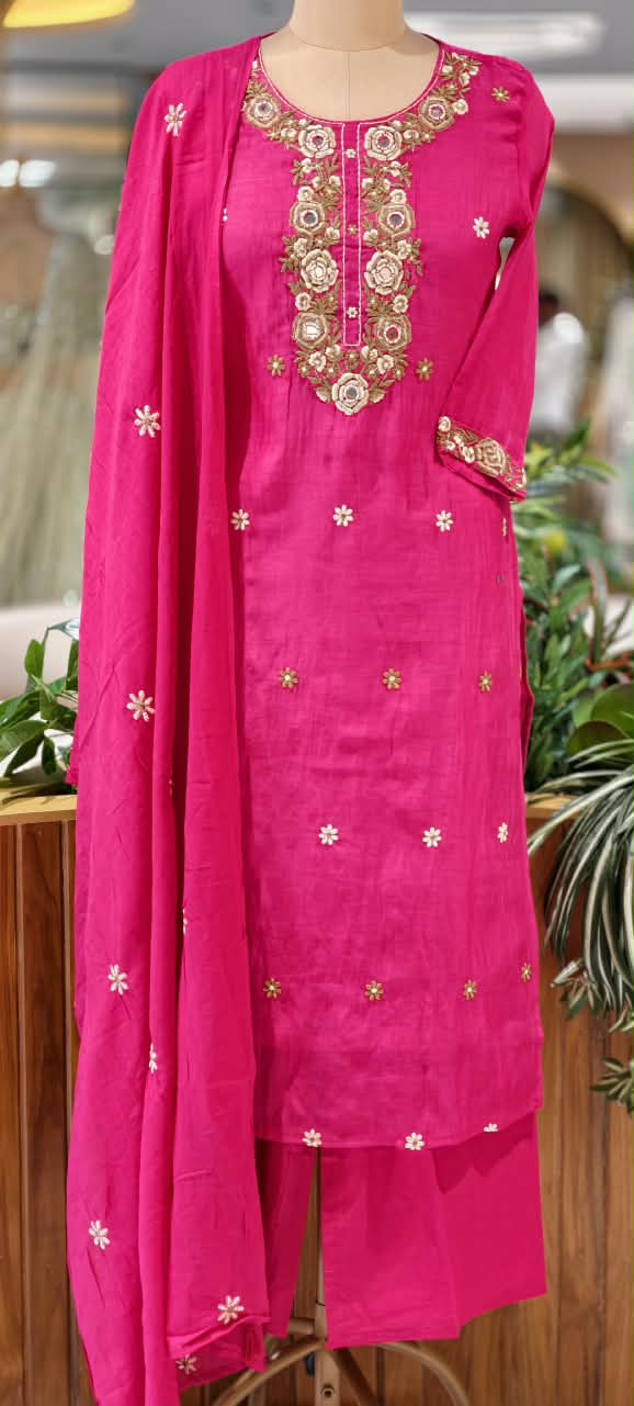Floral Thread Embroidered with Mirror Work Surat Mul-Chandri Full Suit Set With Dupatta- 16678