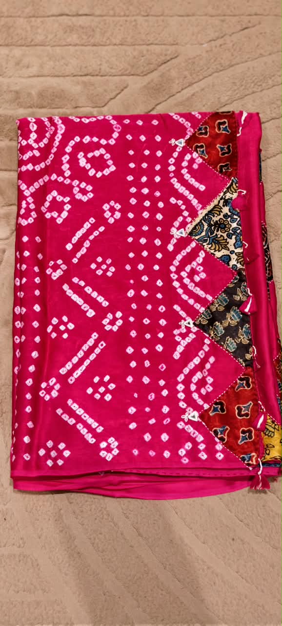 Elegant Mudal Muslin Saree with Handcrafted Ajrak Print Patchwork Detailing & Unstitched Blouse Piece-16648