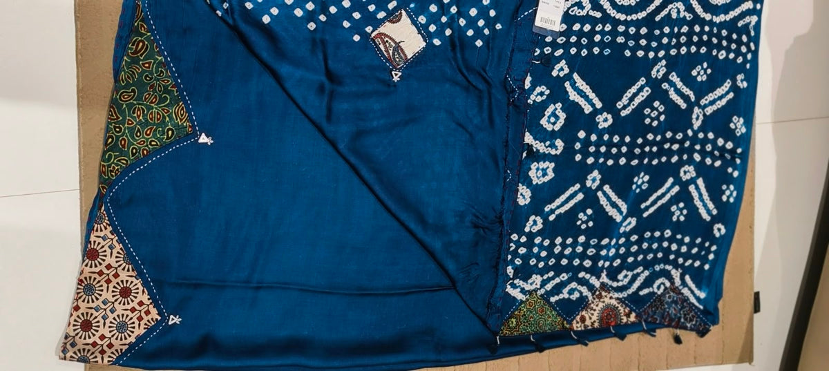 Elegant Mudal Muslin Saree with Handcrafted Ajrak Print Patchwork Detailing & Unstitched Blouse Piece-16648
