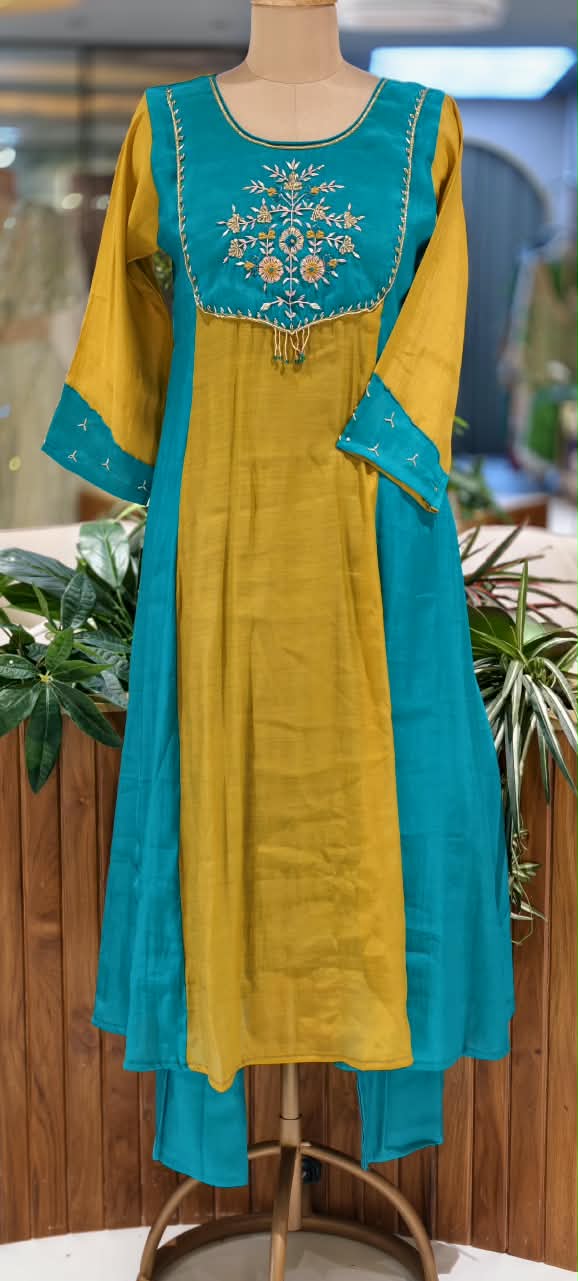 Surat Mul-Chanderi Zardozi Embroidered Yoke Contrast Shade Aline Full Suit Set With Dupatta- 16713