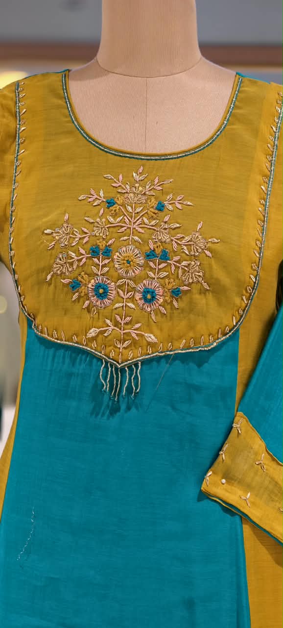 Surat Mul-Chanderi Zardozi Embroidered Yoke Contrast Shade Aline Full Suit Set With Dupatta- 16713