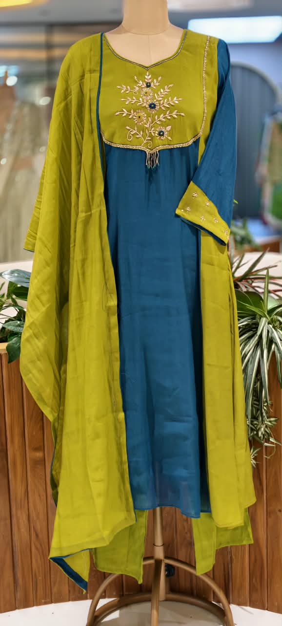 Dual Shade Aline Surat Mul-Chanderi Embroidered Yoke Full Suit Set With Dupatta- 16714