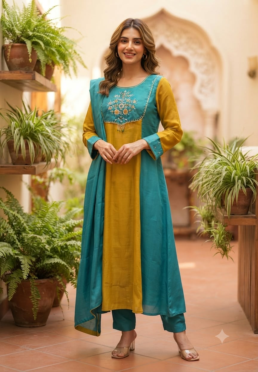 Surat Mul-Chanderi Zardozi Embroidered Yoke Contrast Shade Aline Full Suit Set With Dupatta- 16713
